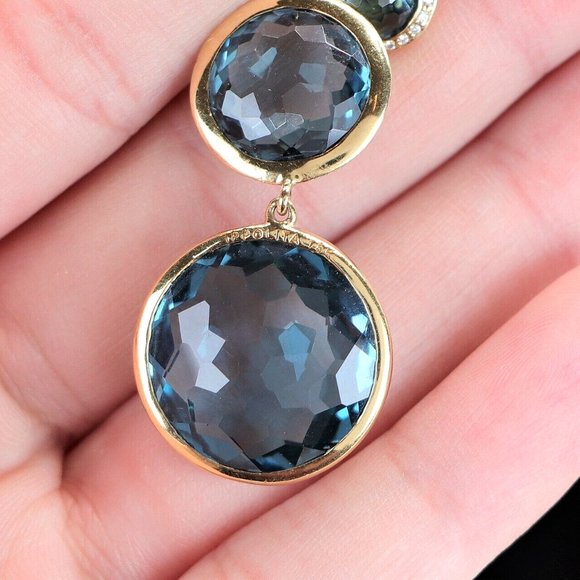 19503 Ippolita Lollipop 18K Yellow Gold Blue Topaz Diamond Dangle Earrings - Picture 5 of 5